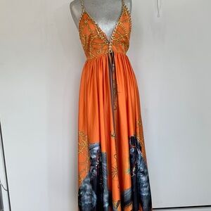 L'ATISTE. Orange Gold Chain halter dress. NWT